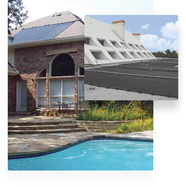 Stacked images of a solar panel installed on a home with a pool beneath an image of solar panels